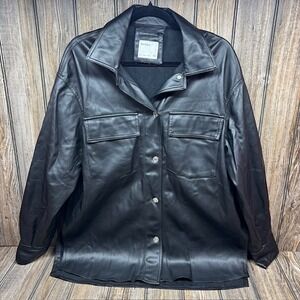 Bershka Mens Black Faux Leather Shirt Jacket Oversized Button Front Size L